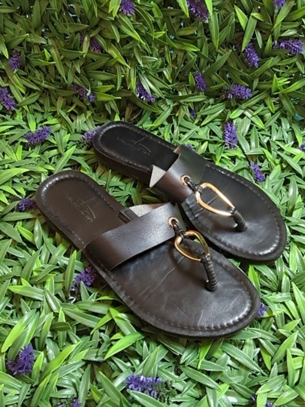 Black Faux Leather Slip-On Sandals with Gold Accent